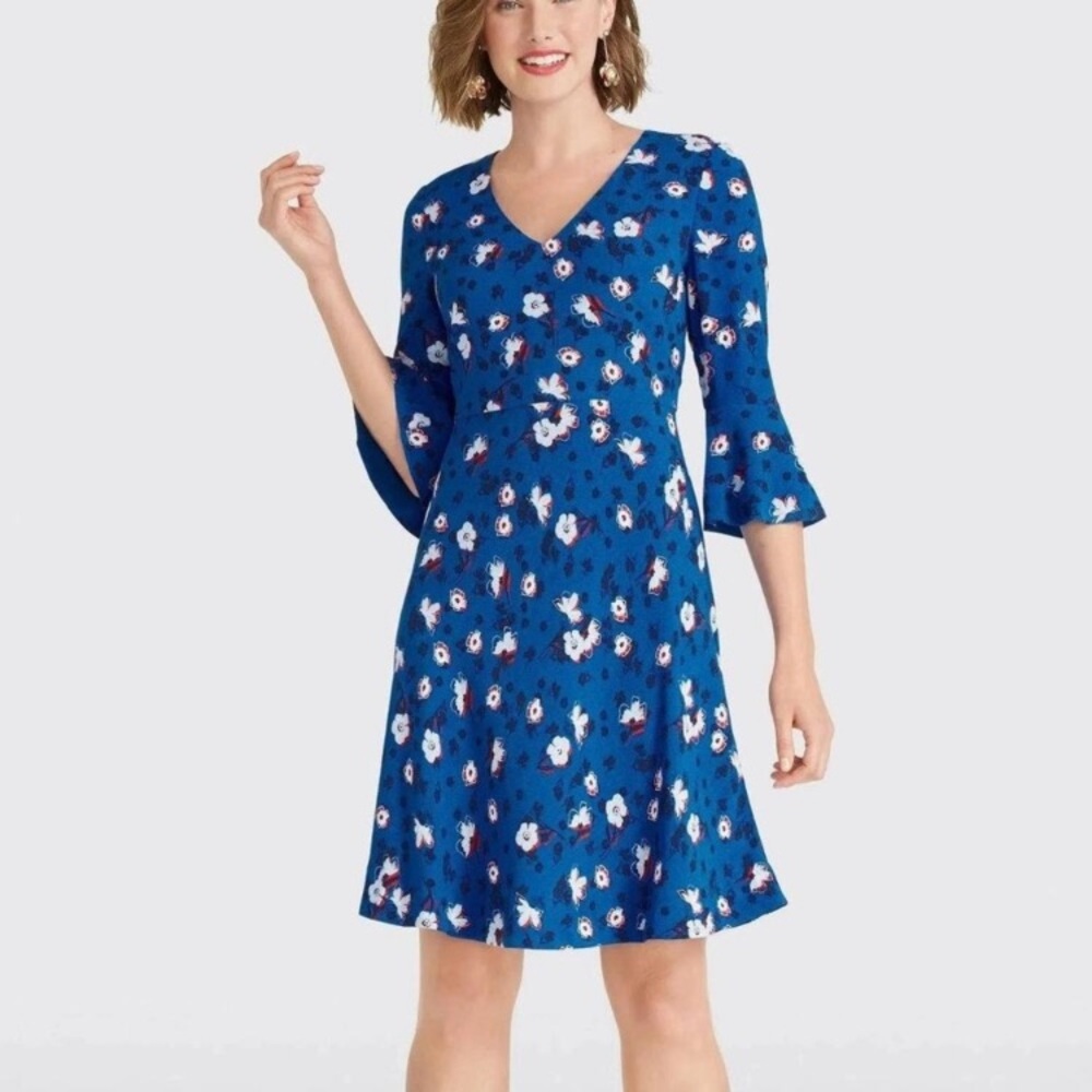 Draper James Royal Blue Floral Bell Sleeves a Line‎ Skirt Zip Back Dress DRW0398